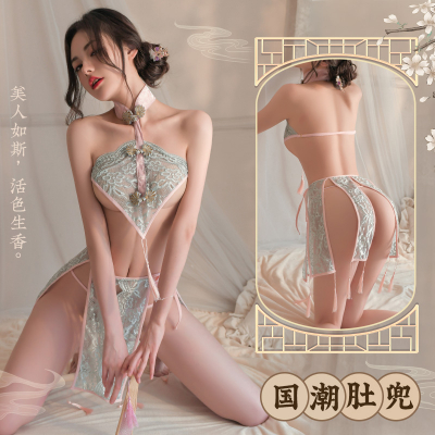 霏慕 蕾丝肚兜流苏复古分片裙 灰绿+粉
